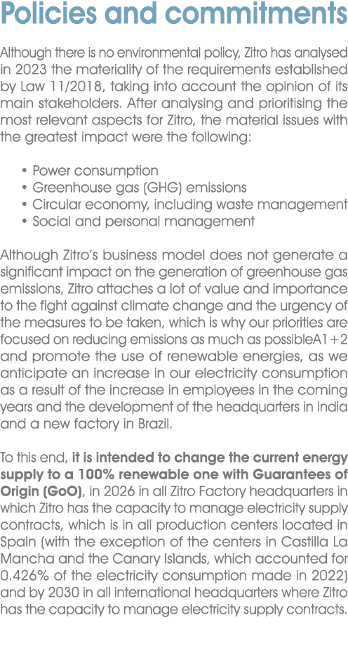 Policies and commitments Although there is no environmental policy, Zitro has analysed in 2023 the materiality of the...