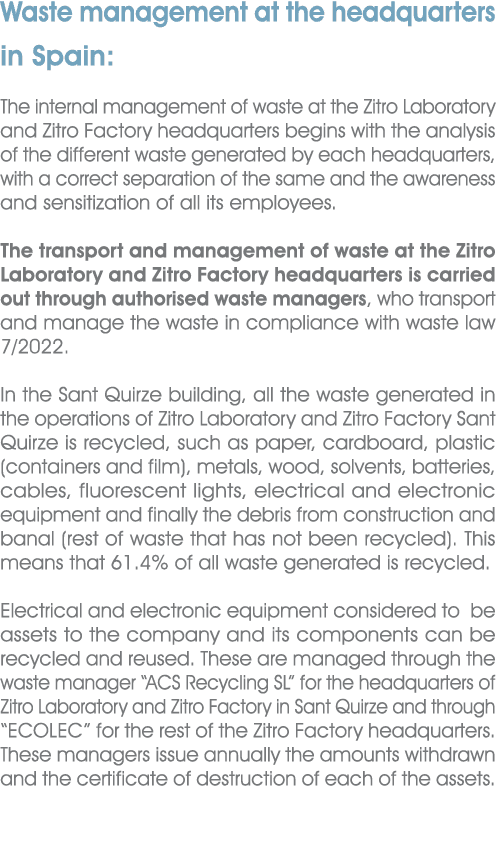 Waste management at the headquarters in Spain: The internal management of waste at the Zitro Laboratory and Zitro Fac...