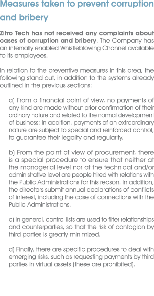 Measures taken to prevent corruption and bribery Zitro Tech has not received any complaints about cases of corruption...