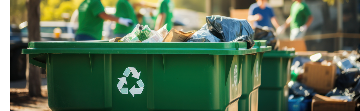 A group of people in green shirts standing around a green recycling bin, promoting environmental awareness. Generative AI