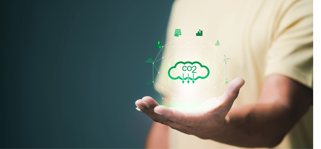 Businessman showing co2 icon in hand, environmental and ecological mitigation concept, global industry executives have to make agreements and change sustainable emissions. because it is an emergency