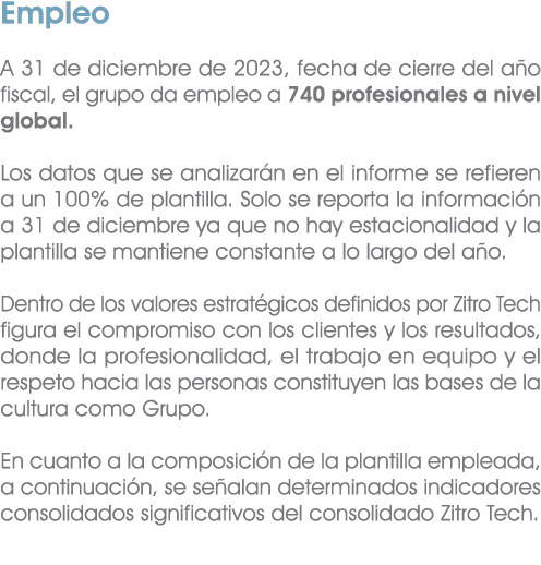 Empleo A 31 de diciembre de 2023, fecha de cierre del a o fiscal, el grupo da empleo a 740 profesionales a nivel glob...