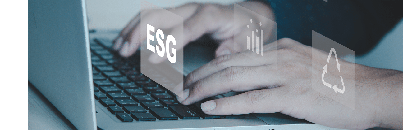 hand typing on computer laptop icon symbol of esg on vitrual screen concept. ESG (Environment, Social, Governance) investment concept that focuses on the environment, society and good governance.