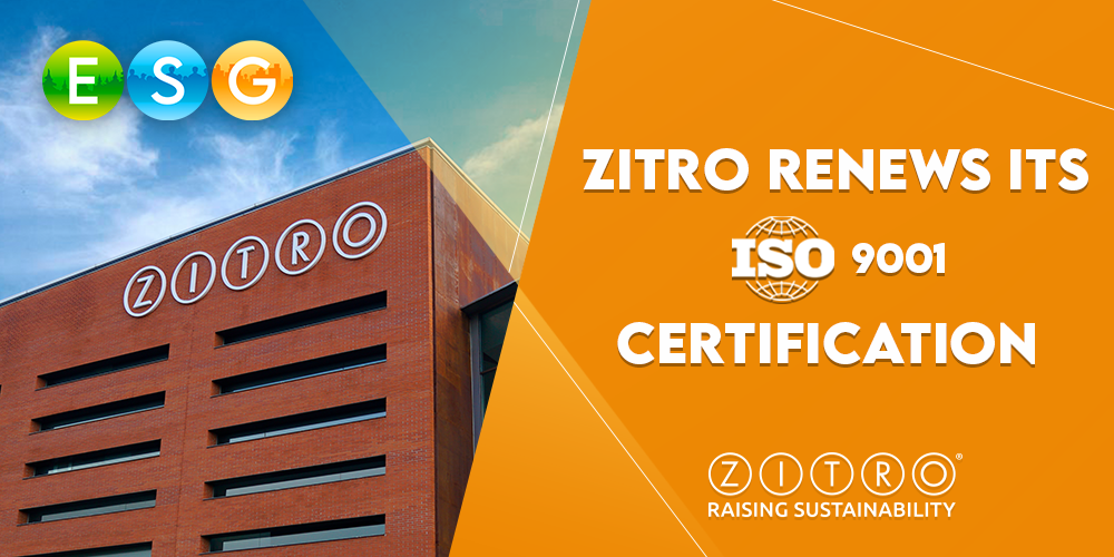 Zitro’s Barcelona Technology Campus building with the ESG logo announcing the renewal of its ISO 9001 certification.