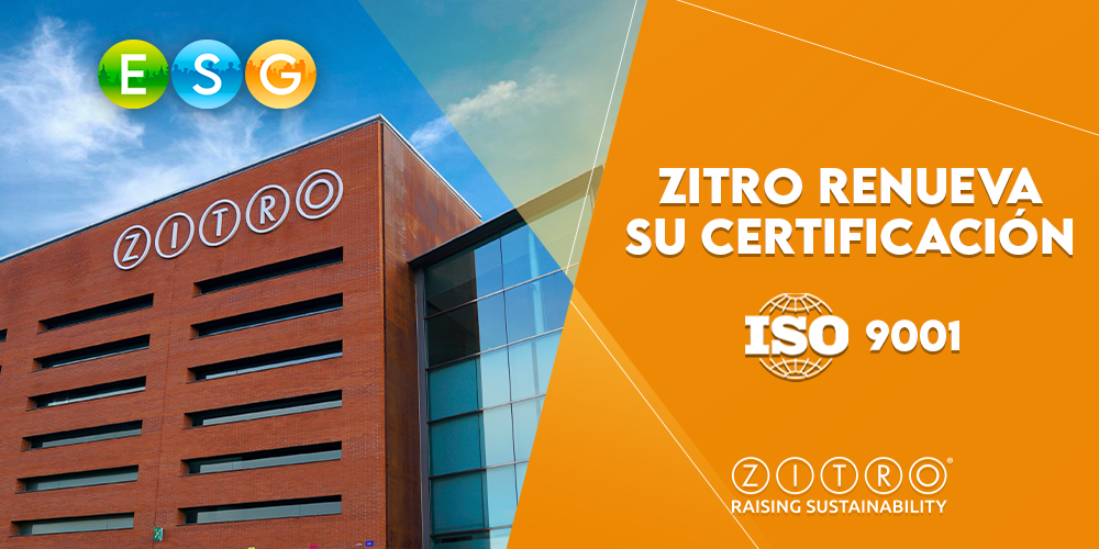 Edificio del Campus Tecnológico de Zitro en Barcelona con el logo ESG anunciando la renovación de su certificación ISO 9001.