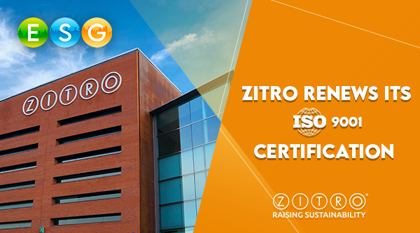 Zitro’s Barcelona Technology Campus building with the ESG logo announcing the renewal of its ISO 9001 certification.