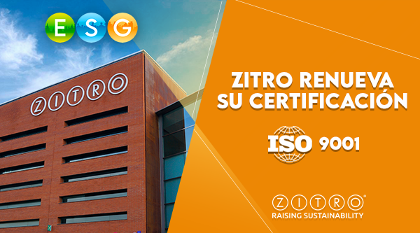 Edificio del Campus Tecnológico de Zitro en Barcelona con el logo ESG anunciando la renovación de su certificación ISO 9001.