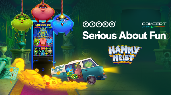 Zitro’s CONCEPT lineup featuring Hammy Heist, with three colorful hamsters and the Royal and Scarab game titles.